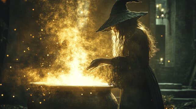 A witch stirring a bubbling cauldron of mysterious ingredients