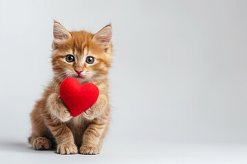 Obraz premium Cute Kitten Holding a Red Heart