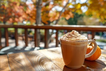 A cup of coffee sits on a wooden table, Pumpkin spice latte served in a cozy cafe with a view of autumn scenery