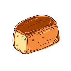 Line art illustration of a loaf of bread, featuring a simple square shape with a slightly rounded top and detailed crust texture. Design for bakery menu. Vector isolated a on white background.