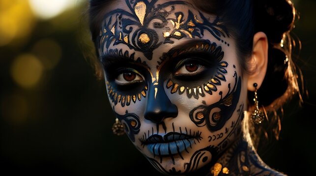 Close-up of a black-haired girl with an intricate skull design on her face. Day of the dead