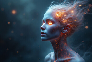 Ethereal head of a galactic deity floating in space, her eyes are formed from nebulae and starlight