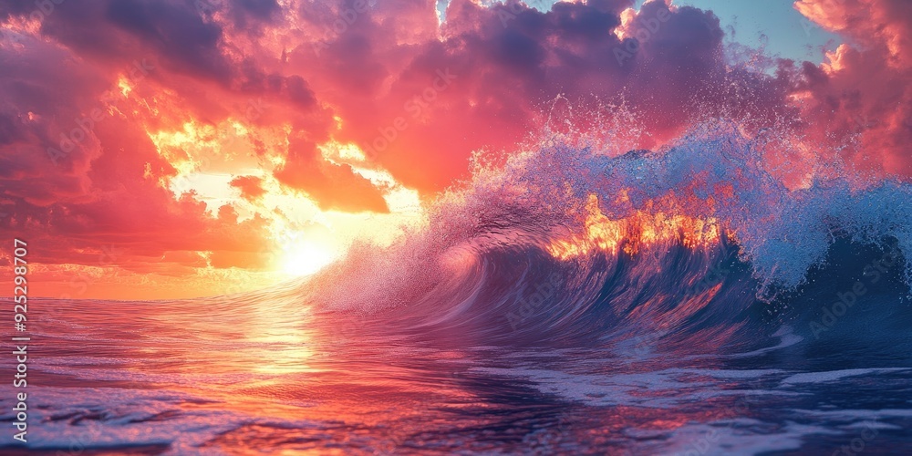 Wall mural Sunset over the Ocean with a Large Breaking Wave