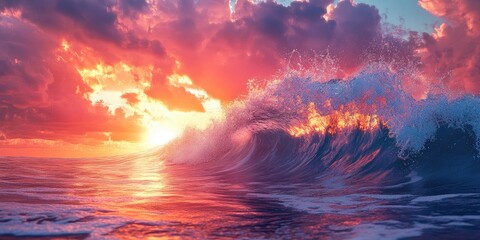Sunset over the Ocean with a Large Breaking Wave