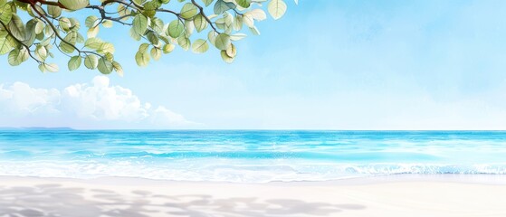 Serene beach scenery with clear blue waters, white sands, and greenery. Ideal for travel or relaxation themes.