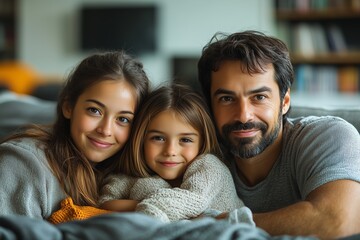 Obraz premium Happy Family Portrait of a Man, Teen Girl, and Little Girl