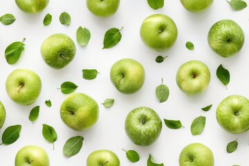 Fototapeta premium Pattern of green apples and leaves on a white background. Seamless Pattern. AI generated images.