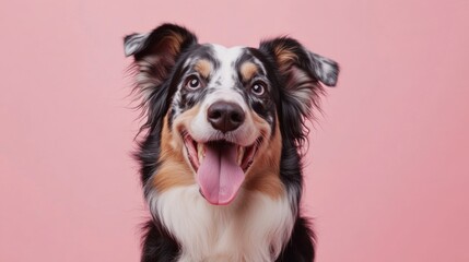 Funny and hungry Australian Shepherd licking his lips with his tongue on pink pastel background.