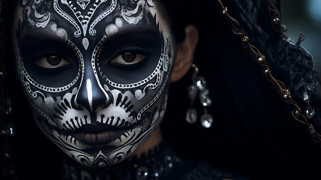 Close-up of a black-haired girl with an intricate skull design on her face. Day of the dead