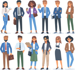 Print A flat cartoon character set depicting a diverse and stylish group of young professionals, representing teamwork and modern corporate life.