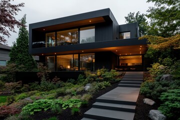 Modern energy-efficient home design with sleek black exterior and lush landscaping