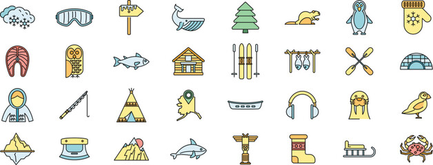 Set of north, alaska and arctic colorful icons showing local culture, wildlife and nature