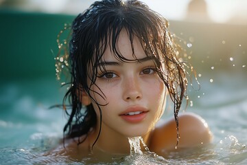 Obraz premium Woman with wet hair in a pool of water