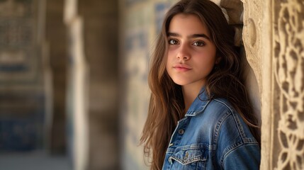 Fototapeta premium A young woman in a denim jacket leans against a detailed stone wall with a contemplative look, blending modern fashion with historical aesthetics.
