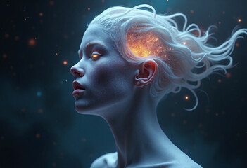 Ethereal head of a galactic deity floating in space, her eyes are formed from nebulae and starlight