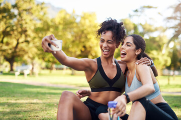 Selfie, friends and fun in park, fitness and silly with funny face, grass and break for workout in nature. Outdoor, athlete and profile picture for women, influencer and exercise vlog in morning