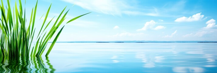 Obraz premium Serene lake with clear blue sky and lush green grass reflecting on calm water surface, perfect for nature-themed backgrounds or relaxation concepts.