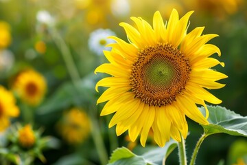 Obraz premium A large sunflower towering over a vast field of sunflowers in bloom under the suns warm light, Radiant sunflowers and daisies