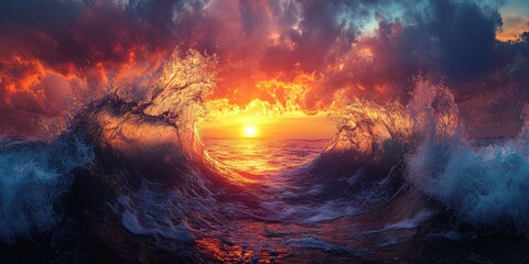 Dramatic Sunset Through Breaking Waves