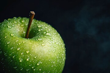 Close-Up of a Fresh, green Apple Against a Dark Background With Water Droplets, ai