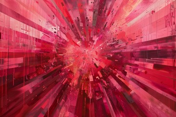 Abstract painting featuring radiating bursts of red and pink hues from a central point, Radiating bursts of red and pink hues from a central point