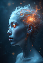 Ethereal head of a galactic deity floating in space, her eyes are formed from nebulae and starlight