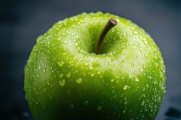 Close-Up of a Fresh, green Apple Against a Dark Background With Water Droplets, ai