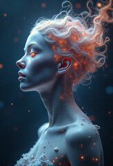 Ethereal head of a galactic deity floating in space, her eyes are formed from nebulae and starlight