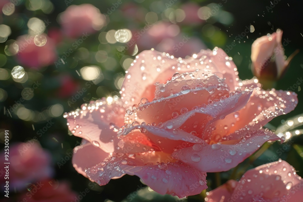 Sticker a pink rose covered in glistening water droplets, rain-soaked petals glistening in the sun