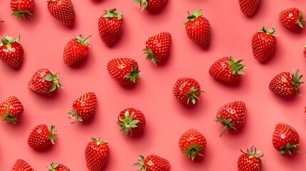 Closeup view of ripe strawberries scattered on a bright pink background. Seamless Pattern. AI generated images.