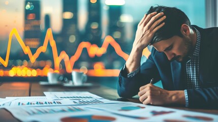 Businessman stresses over declining market trends in his office, financial graphs and cityscape in the background.