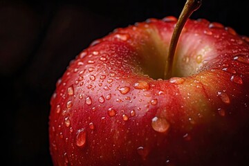 Close-Up of a Fresh, Red Apple Against a Dark Background With Water Droplets , ai