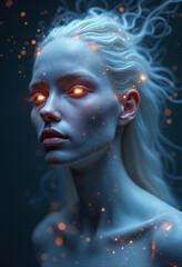 Ethereal head of a galactic deity floating in space, her eyes are formed from nebulae and starlight