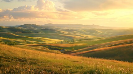 Obraz premium A picturesque sunrise over rolling hills with patches of farmland. 
