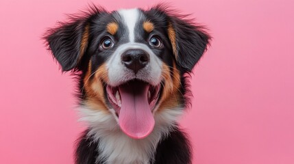 Funny and hungry Australian Shepherd licking his lips with his tongue on pink pastel background.