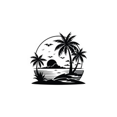 Sunset Minimalist and Simple silhouettes of palm trees Vector illustration, Minimalist and Flat Logo. tropical landscape Sunset black vector illustration.