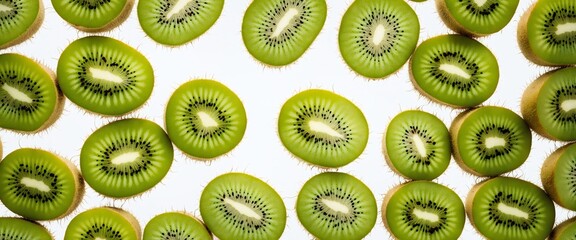 Fototapeta premium Sliced delicious ripe kiwi fruit on white. Top view