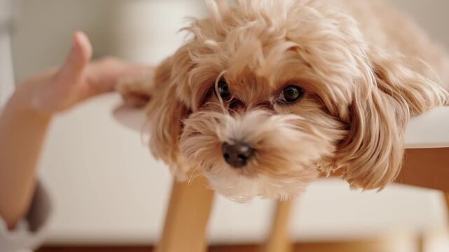 A closeup image capturing a serene moment as a dog sleeps on a chair and receives affection from its owner.
