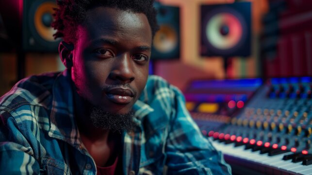 A man in a checkered shirt sits in a music studio, with audio equipment like speakers and a soundboard visible in the background.