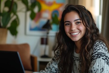 Beautiful woman smiling while working on laptop at home
