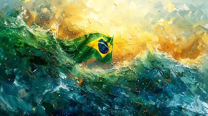 A large Brazilian flag, its green, yellow, and blue colors fluttering in the wind, depicted in watercolor against a light background evoking the sunny beaches of Rio de Janeiro,