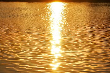 A large body of water reflecting the setting sun in the background, Reflections of the setting sun on a calm body of water, shimmering like liquid gold