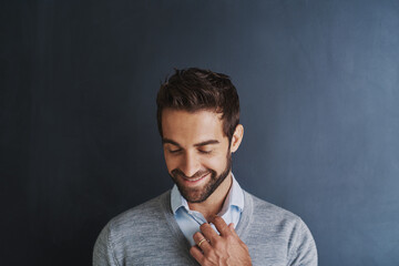 Smile, thinking and business man in studio for idea, vision and fashion isolated on background. Happy employee, planning future and professional insight for decision, mindset and dream of opportunity