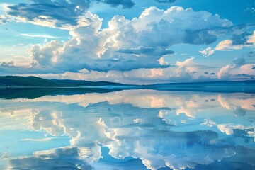 Large body of water reflecting clouds in the sky, Reflective clouds creating a mirror effect on the water