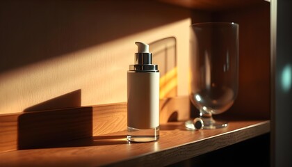 Fototapeta premium Serum Mockup on Wooden Shelf with Dreamy Light