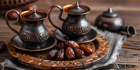 Fototapeta premium Traditional arabic coffee with dates Ramadan decor with Arabian coffee set
