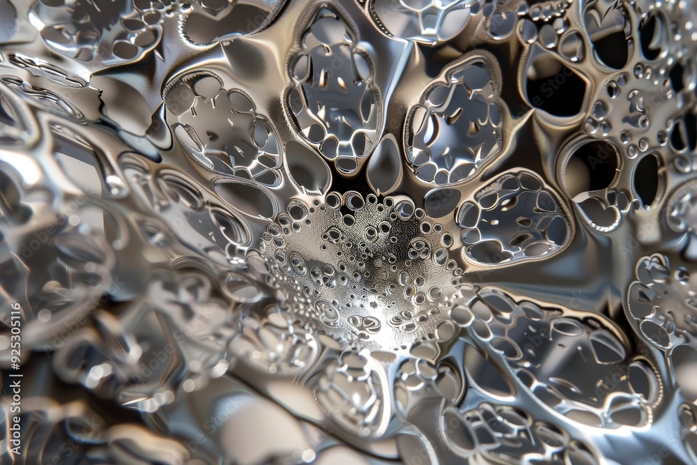 Poster detailed look at a metal object with intricate patterns on its surface, reflective surface with intr