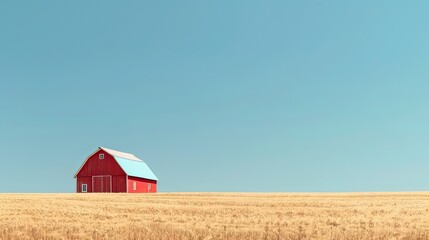 A rustic red barn surrounded by fields of golden wheat under a clear blue sky. 