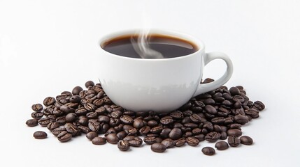 Fototapeta premium A steaming cup of coffee surrounded by coffee beans.