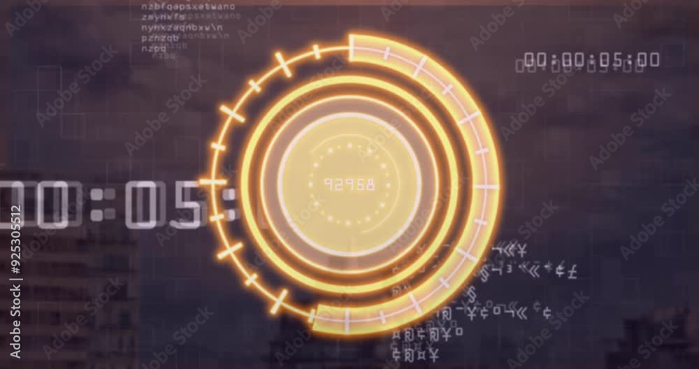 Poster target animation overlaying digital code and numbers in futuristic background